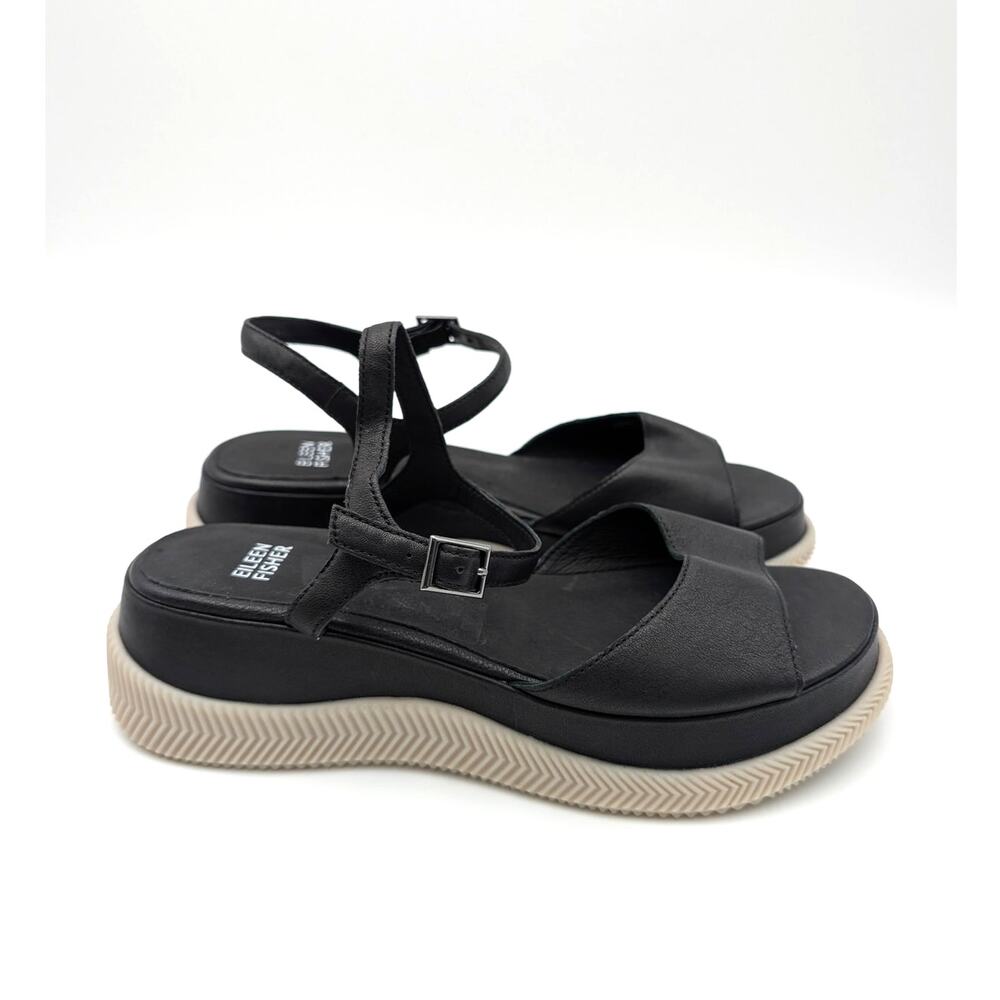 Eileen Fisher Ario Sporty Leather Wedge Sandals Women's Black Size US8 EU38 - Picture 3 of 10